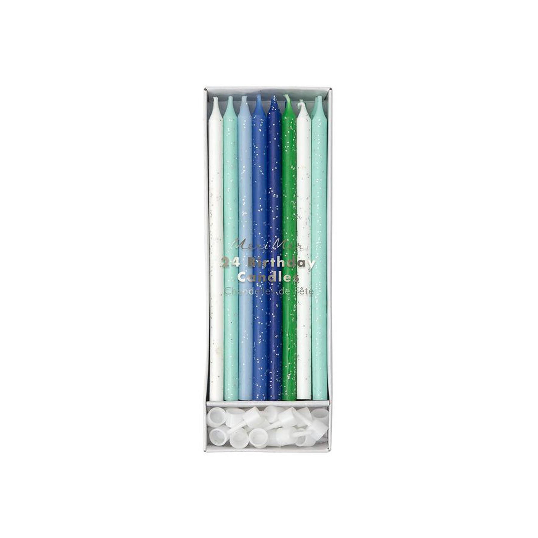 Velas largas celestes y verdes con glitter