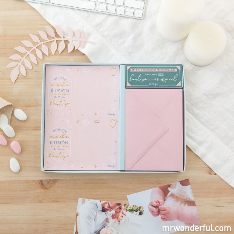 Set de 20 invitaciones personalizables para bautizo Rosa