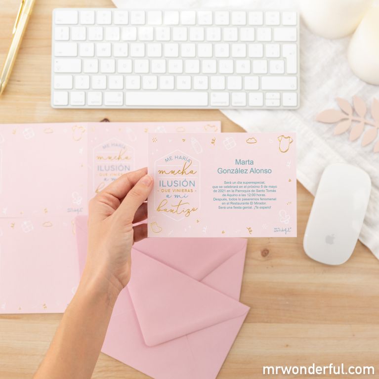 Set de 20 invitaciones personalizables para bautizo Rosa