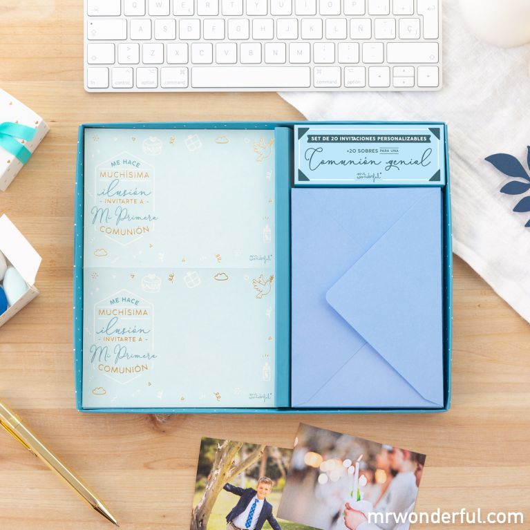 Set de 20 invitaciones personalizables para comunion Azul